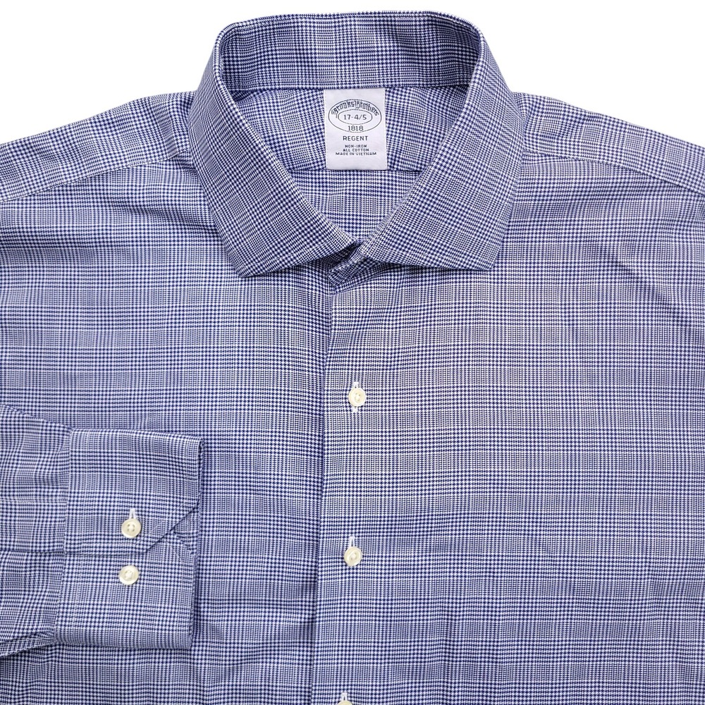 Brooks Brothers Dress Shirt 17 34/35 Regent Fit Non Iron Blue White Glen Plaid